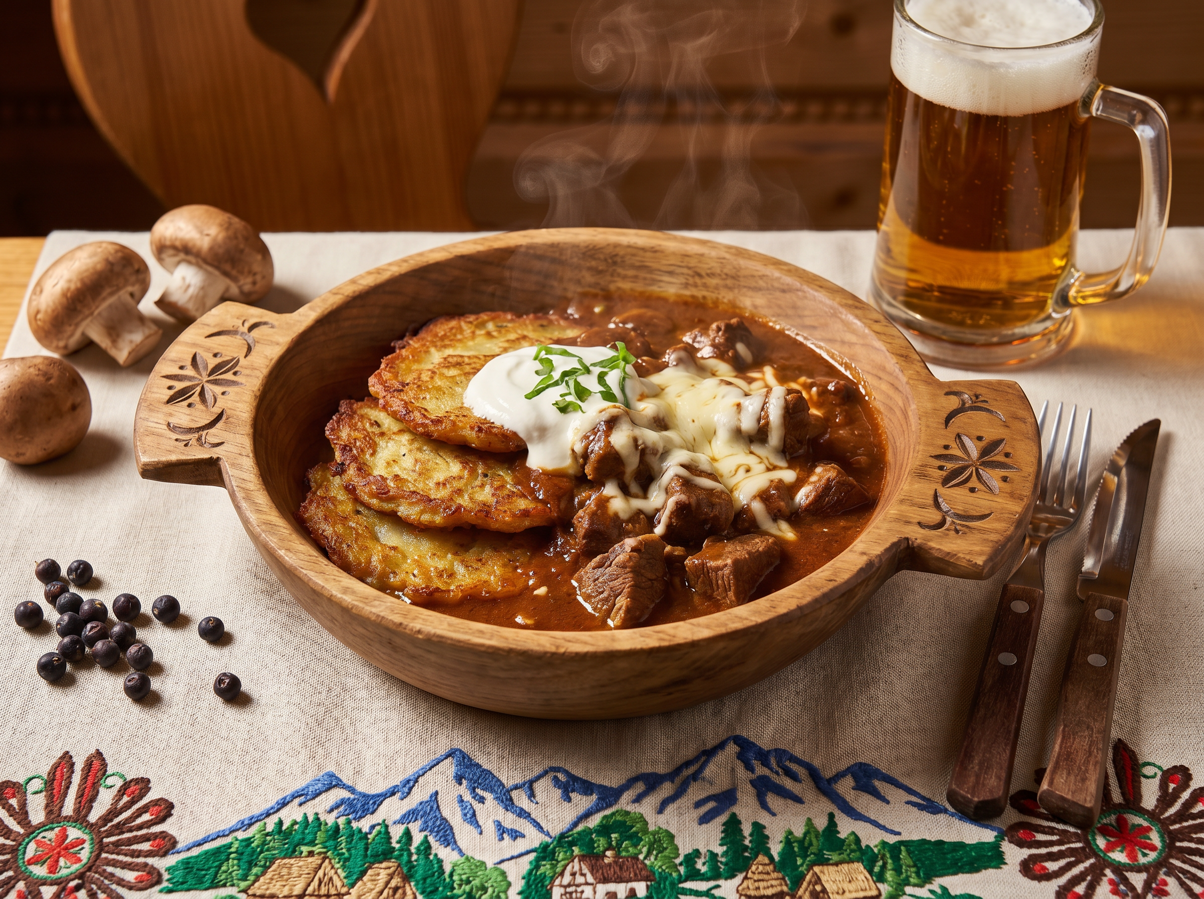 Highlander Special: Beef Goulash with potato pancakes, sour cream and mozzarella