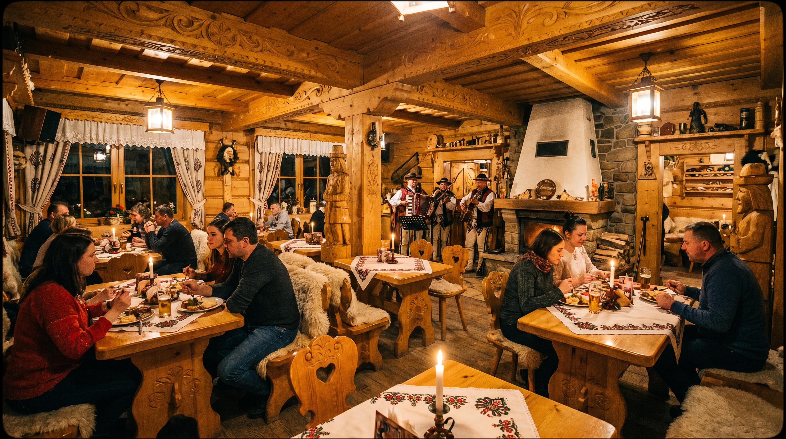 Nad Tatrami Polish Highlander restaurant interior with carved wood and candlelight