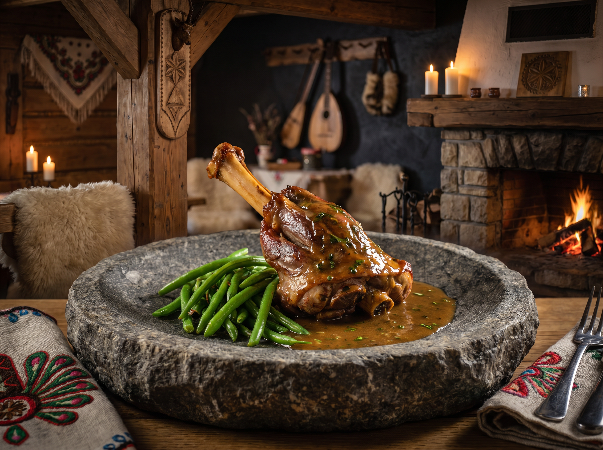 Roasted lamb shank with green beans and herb gravy on a stone plate by the fireplace