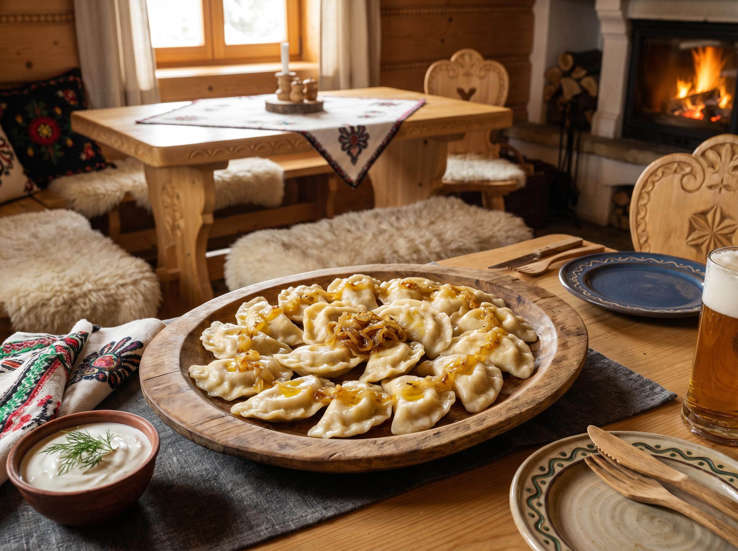 Homemade Polish pierogi on wooden platter with caramelized onions and sour cream in Highlander setting