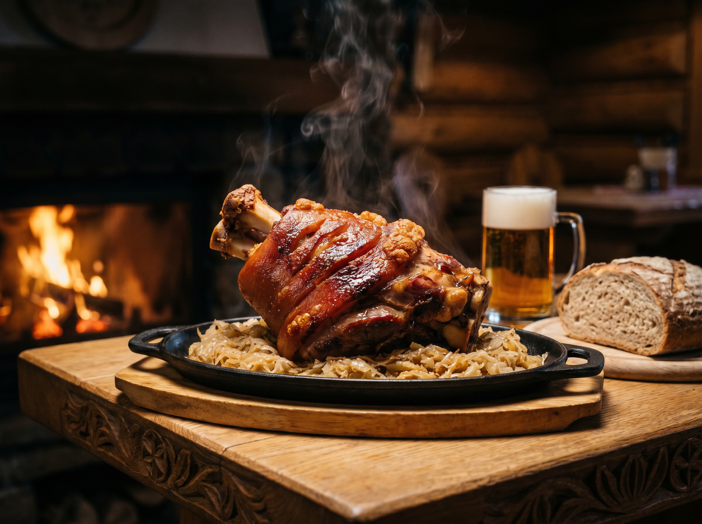 Grilled pork shank with sauerkraut by the fireplace