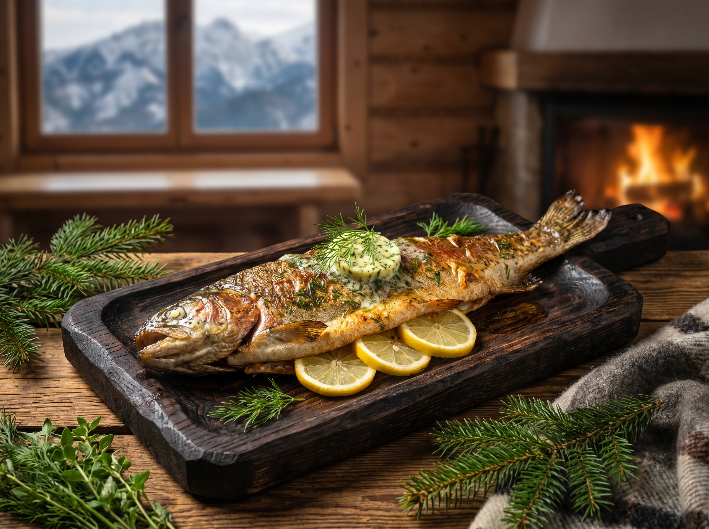 Baked rainbow trout with butter, dill and lemon on a wooden board with Tatra mountain view