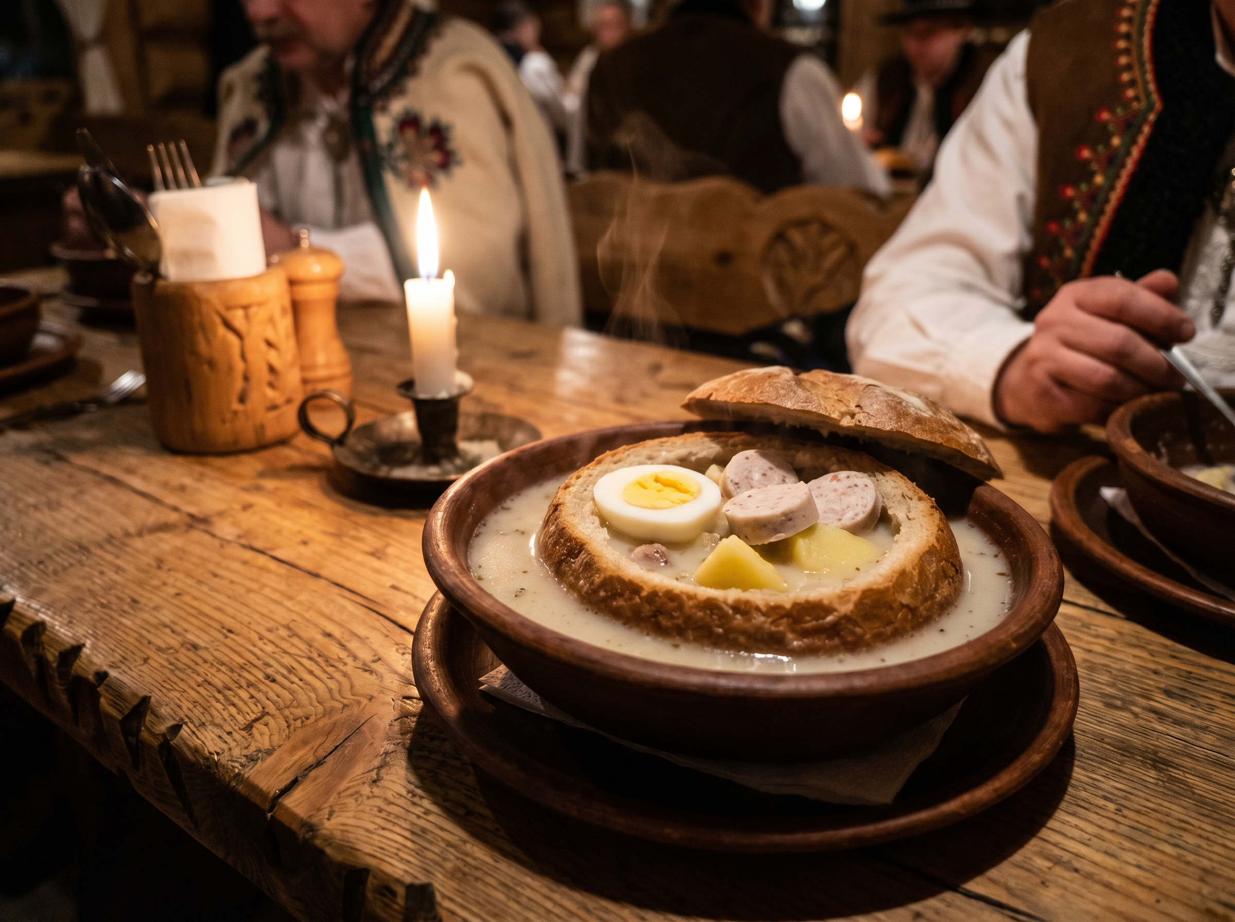 White borscht Żurek in a bread bowl with egg, potato and white sausage in Highlander setting